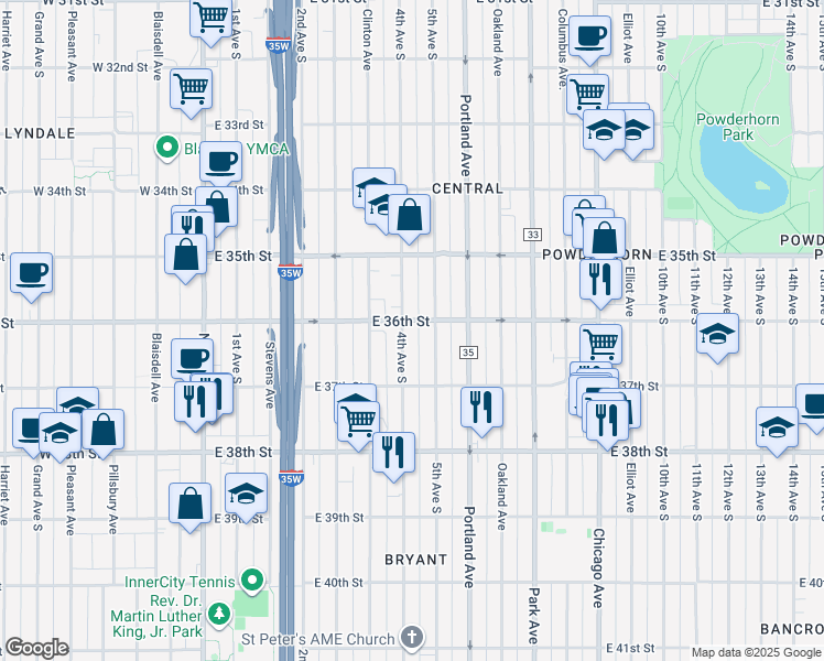 map of restaurants, bars, coffee shops, grocery stores, and more near 3625 4th Avenue South in Minneapolis