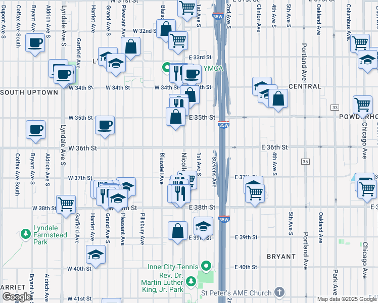 map of restaurants, bars, coffee shops, grocery stores, and more near 3617 Nicollet Avenue in Minneapolis