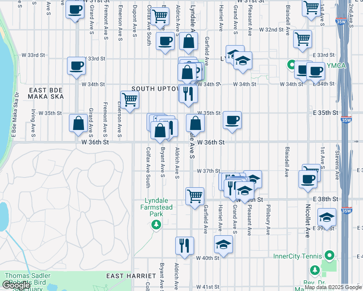 map of restaurants, bars, coffee shops, grocery stores, and more near 3622 Aldrich Avenue South in Minneapolis