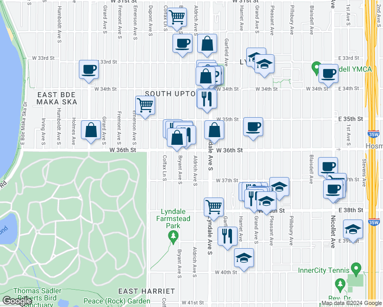 map of restaurants, bars, coffee shops, grocery stores, and more near 3622 Aldrich Avenue South in Minneapolis