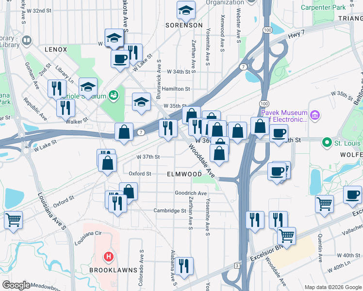 map of restaurants, bars, coffee shops, grocery stores, and more near 3701 Alabama Avenue South in St. Louis Park