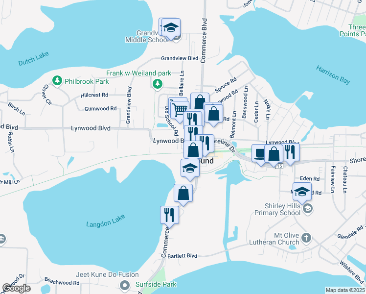 map of restaurants, bars, coffee shops, grocery stores, and more near 2313 Commerce Boulevard in Mound