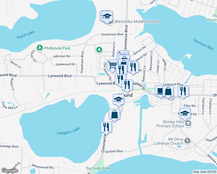 map of restaurants, bars, coffee shops, grocery stores, and more near 5733 Lynwood Boulevard in Mound