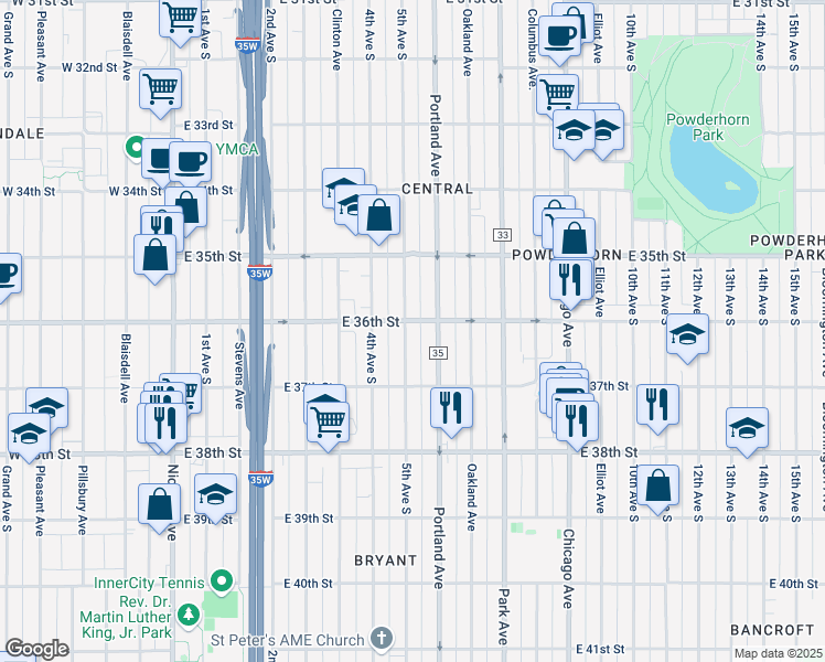 map of restaurants, bars, coffee shops, grocery stores, and more near 501 East 36th Street in Minneapolis