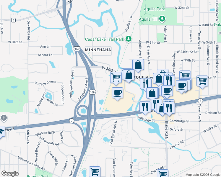 map of restaurants, bars, coffee shops, grocery stores, and more near 3601 Phillips Parkway in St. Louis Park