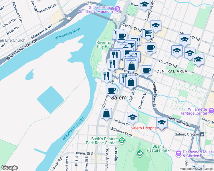 map of restaurants, bars, coffee shops, grocery stores, and more near 315 Commercial Street Southeast in Salem