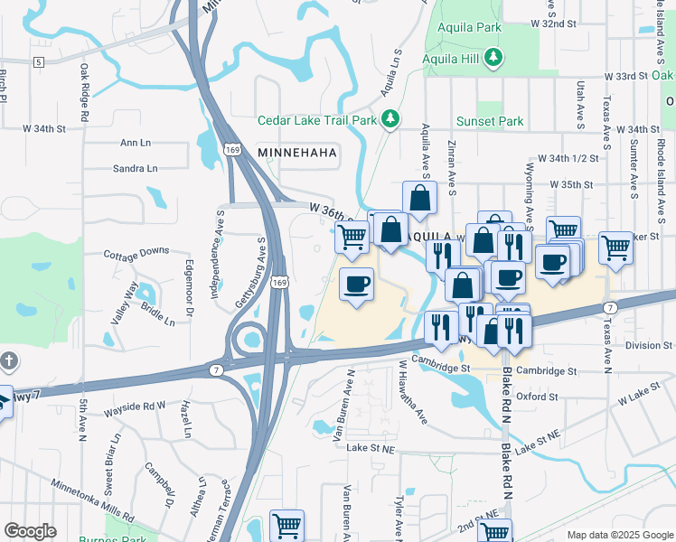 map of restaurants, bars, coffee shops, grocery stores, and more near 3601 Phillips Parkway in Minneapolis