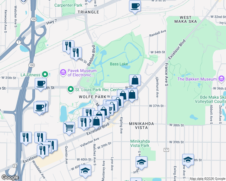 map of restaurants, bars, coffee shops, grocery stores, and more near 3605 Lynn Avenue in St. Louis Park