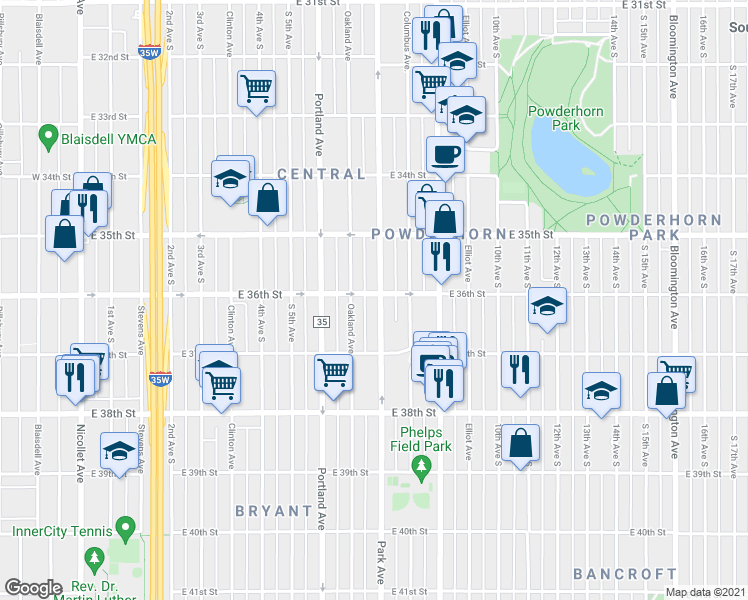 map of restaurants, bars, coffee shops, grocery stores, and more near 3602 Park Avenue South in Minneapolis