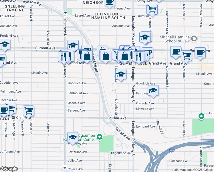 map of restaurants, bars, coffee shops, grocery stores, and more near 1177 Fairmount Avenue in Saint Paul