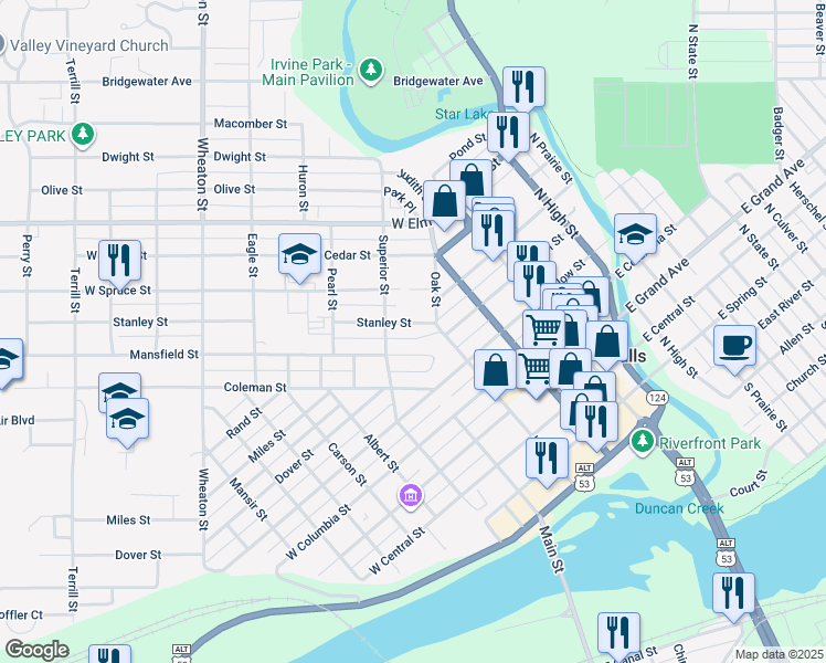 map of restaurants, bars, coffee shops, grocery stores, and more near 218 Mansfield Street in Chippewa Falls