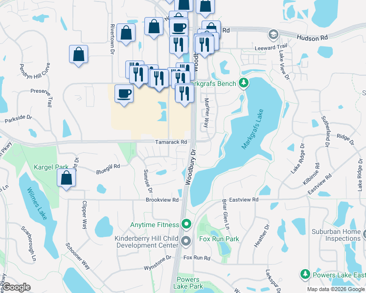 map of restaurants, bars, coffee shops, grocery stores, and more near 9929 Tamarack Cove in Woodbury