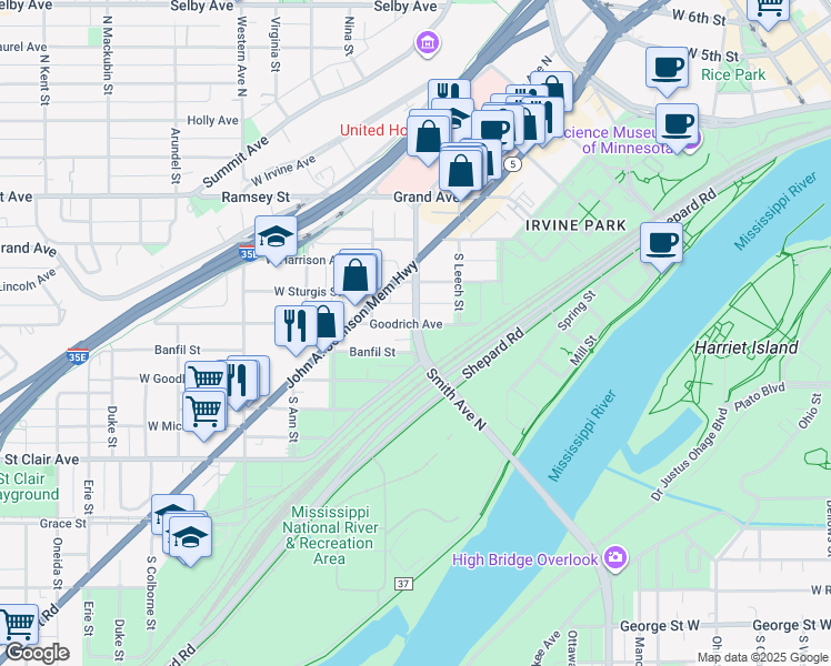 map of restaurants, bars, coffee shops, grocery stores, and more near 485 Smith Avenue South in Saint Paul