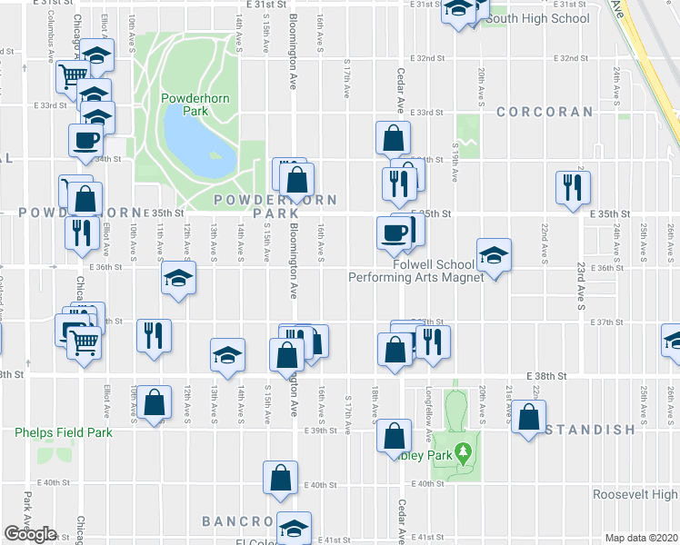 map of restaurants, bars, coffee shops, grocery stores, and more near 3620 South 17th Avenue in Minneapolis