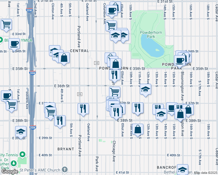 map of restaurants, bars, coffee shops, grocery stores, and more near 3620 Columbus Avenue South in Minneapolis