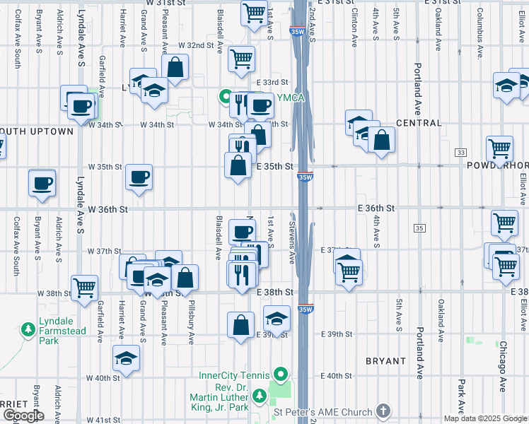 map of restaurants, bars, coffee shops, grocery stores, and more near 3617 Nicollet Avenue in Minneapolis