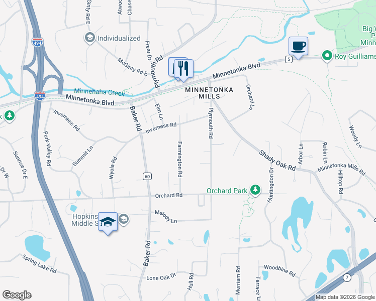 map of restaurants, bars, coffee shops, grocery stores, and more near 3701 Farmington Road in Hopkins