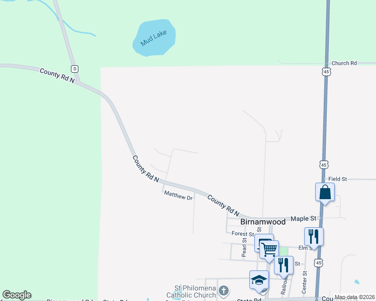 map of restaurants, bars, coffee shops, grocery stores, and more near 518 County Road North in Birnamwood
