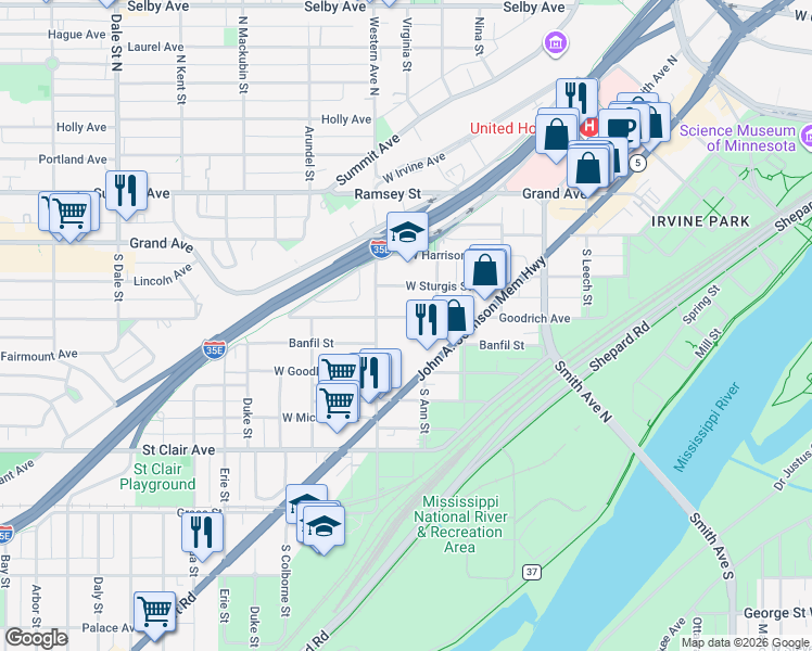 map of restaurants, bars, coffee shops, grocery stores, and more near 160 Western Avenue South in Saint Paul