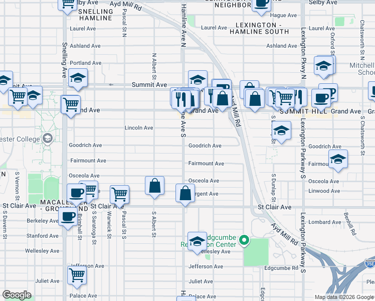 map of restaurants, bars, coffee shops, grocery stores, and more near 1323 Fairmount Avenue in Saint Paul