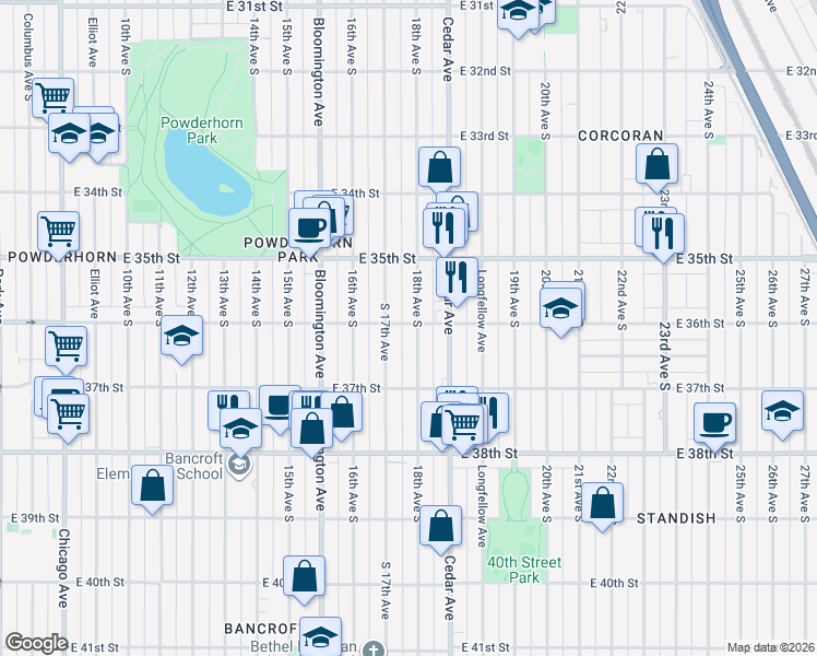 map of restaurants, bars, coffee shops, grocery stores, and more near 3624 18th Avenue South in Minneapolis