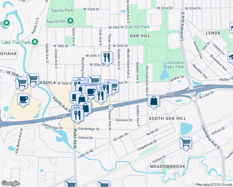 map of restaurants, bars, coffee shops, grocery stores, and more near 3647 Sumter Avenue South in Minneapolis