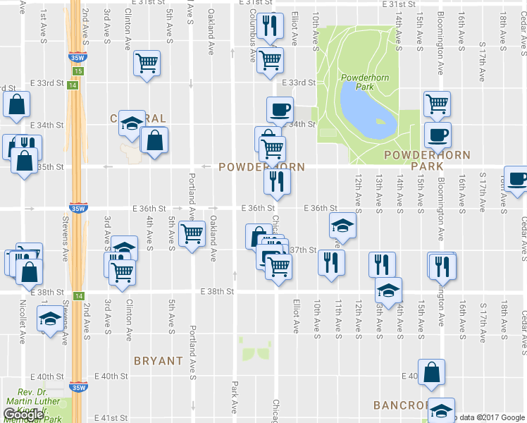map of restaurants, bars, coffee shops, grocery stores, and more near 3620 Columbus Avenue South in Minneapolis
