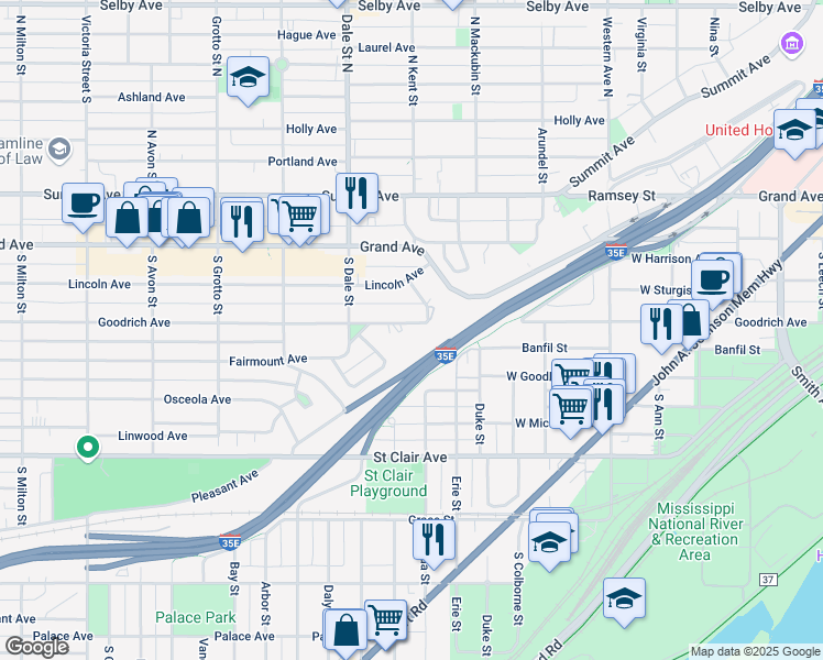 map of restaurants, bars, coffee shops, grocery stores, and more near 2 Crocus Hill in Saint Paul