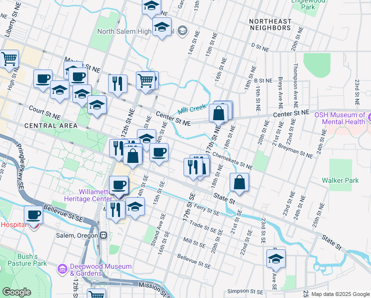 map of restaurants, bars, coffee shops, grocery stores, and more near 1568 Chemeketa Street Northeast in Salem
