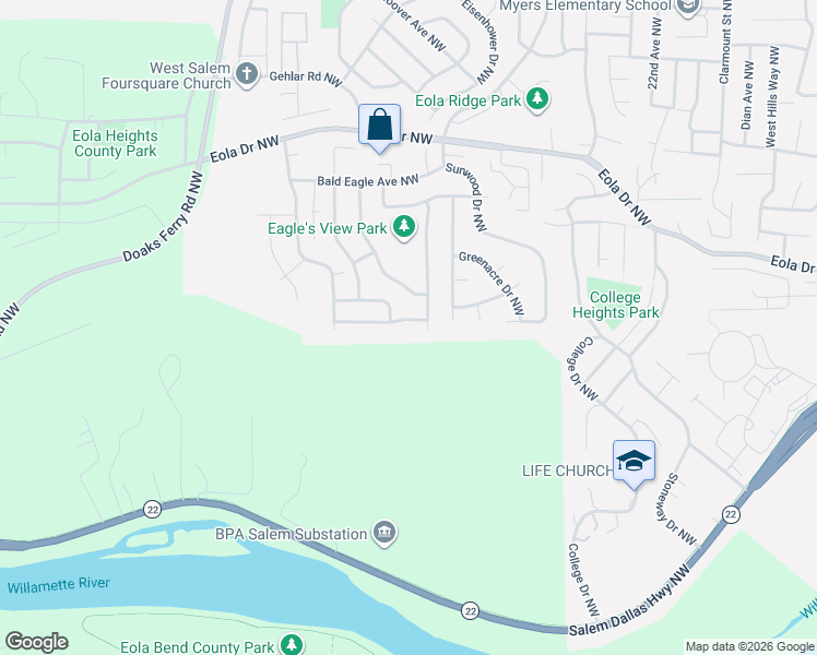 map of restaurants, bars, coffee shops, grocery stores, and more near 2730 Eagles Eye Avenue Northwest in Salem