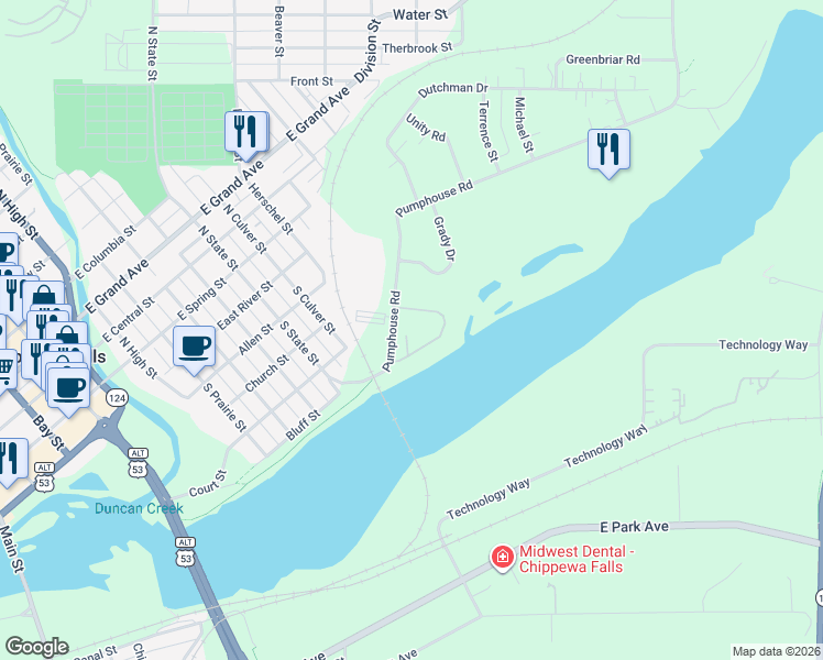 map of restaurants, bars, coffee shops, grocery stores, and more near 153 Amstar Drive in Chippewa Falls