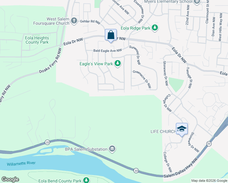map of restaurants, bars, coffee shops, grocery stores, and more near 2760 Eagle Eye Avenue Northwest in Salem