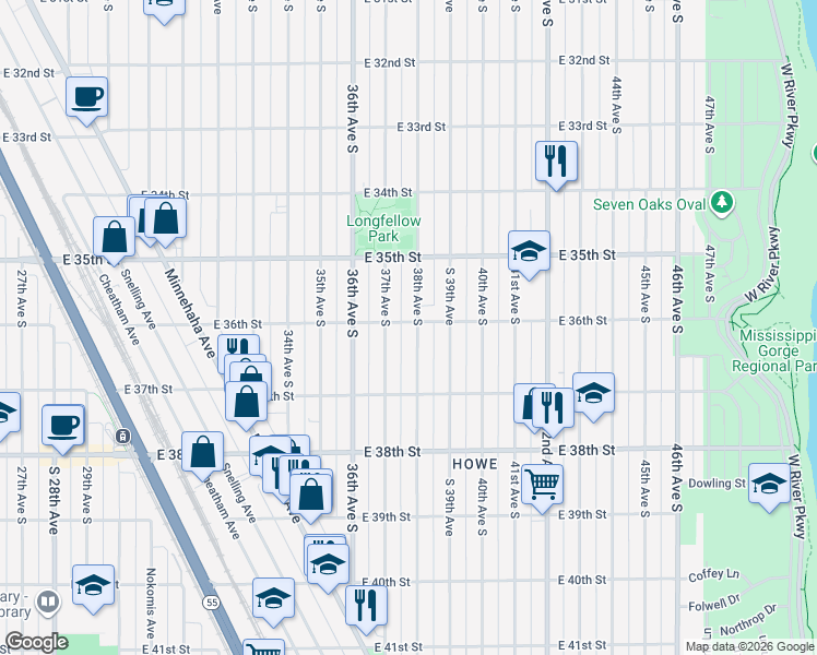 map of restaurants, bars, coffee shops, grocery stores, and more near 3625 38th Avenue South in Minneapolis