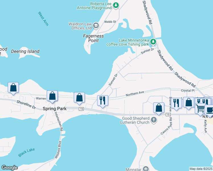 map of restaurants, bars, coffee shops, grocery stores, and more near 2259 Lilac Road in Spring Park