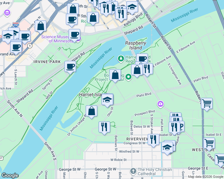 map of restaurants, bars, coffee shops, grocery stores, and more near 150 W Water St in St Paul
