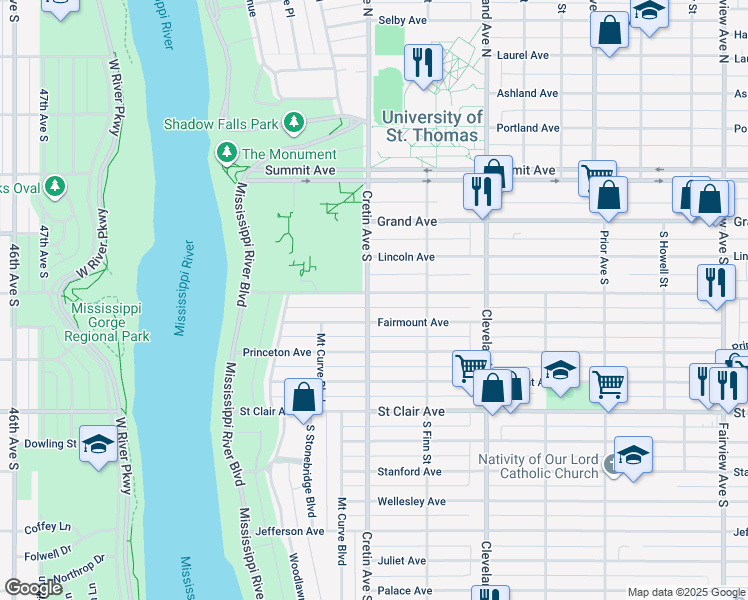 map of restaurants, bars, coffee shops, grocery stores, and more near 2174 Fairmount Avenue in Saint Paul