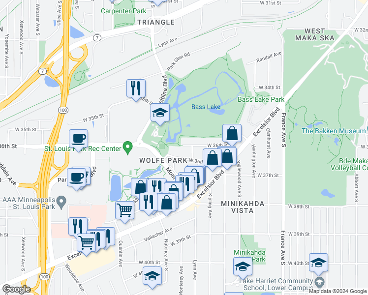 map of restaurants, bars, coffee shops, grocery stores, and more near 3624 Lynn Avenue in Minneapolis