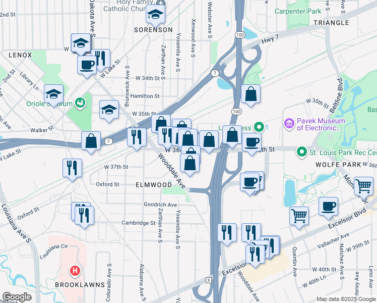 map of restaurants, bars, coffee shops, grocery stores, and more near 3700 Minnesota 100 in St. Louis Park