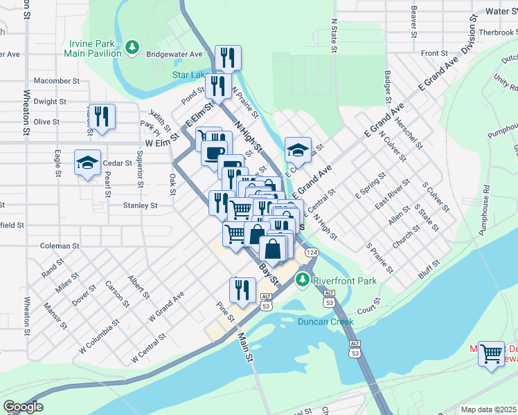map of restaurants, bars, coffee shops, grocery stores, and more near in Chippewa Falls