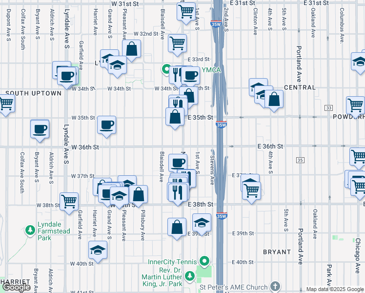 map of restaurants, bars, coffee shops, grocery stores, and more near Nicollet Avenue & East 36th Street in Minneapolis
