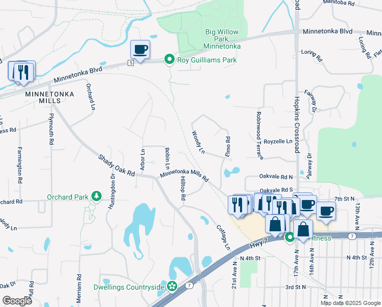 map of restaurants, bars, coffee shops, grocery stores, and more near Lake Minnetonka LRT Regional Trail in Hopkins