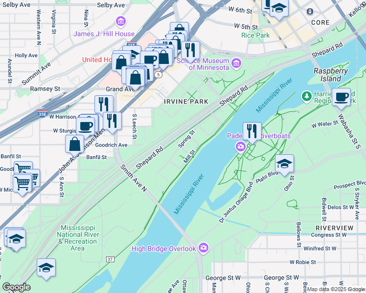 map of restaurants, bars, coffee shops, grocery stores, and more near in Saint Paul