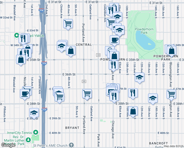map of restaurants, bars, coffee shops, grocery stores, and more near in Minneapolis