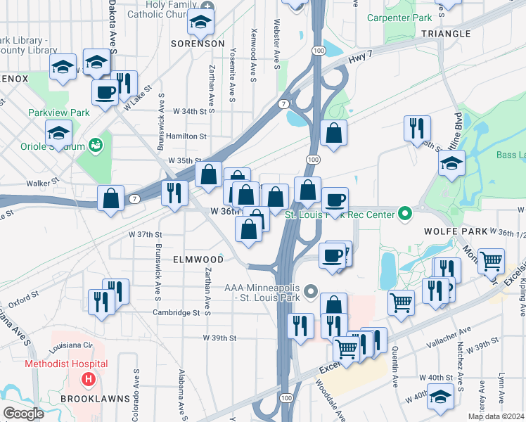 map of restaurants, bars, coffee shops, grocery stores, and more near 5690 West 36th Street in St. Louis Park