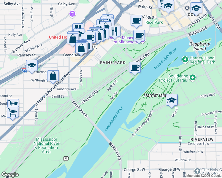 map of restaurants, bars, coffee shops, grocery stores, and more near 290 Spring Street in Saint Paul