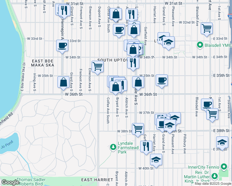 map of restaurants, bars, coffee shops, grocery stores, and more near 3532 Bryant Avenue South in Minneapolis