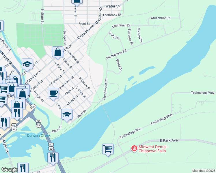 map of restaurants, bars, coffee shops, grocery stores, and more near 30 Stump Lake Road in Chippewa Falls
