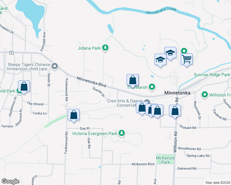 map of restaurants, bars, coffee shops, grocery stores, and more near 15416 Minnetonka Boulevard in Minnetonka