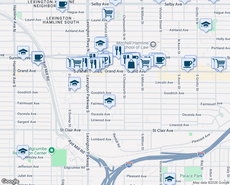 map of restaurants, bars, coffee shops, grocery stores, and more near 1004 Lincoln Avenue in Saint Paul