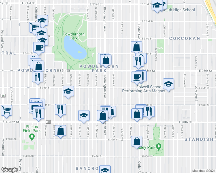 map of restaurants, bars, coffee shops, grocery stores, and more near 3533 Bloomington Avenue in Minneapolis